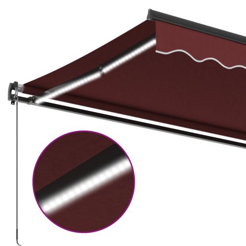 Ръчно прибираща се тента с LED, бордо, 500x350 см
