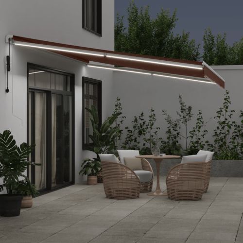 Автоматично прибираща се тента с LED, кафяв, 500x350 см
