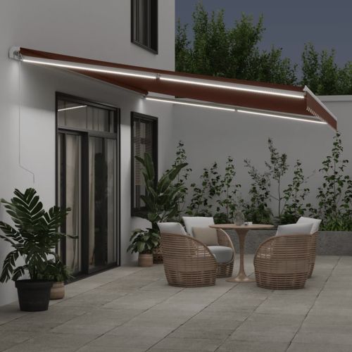 Ръчно прибираща се тента с LED, кафяв, 600x350 см