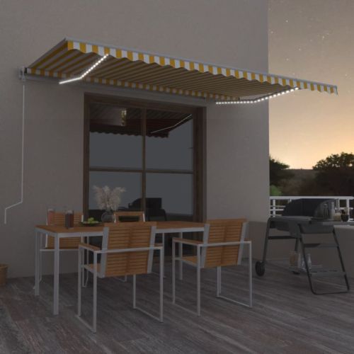 Ръчно прибиращ се сенник с LED, 500x300 см, жълто и бяло