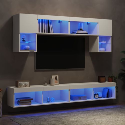 ТВ стенни модули с LED, 6 части, бели, инженерно дърво