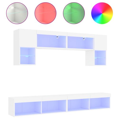 ТВ стенни модули с LED, 6 части, бели, инженерно дърво