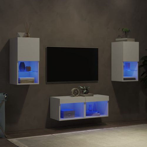 ТВ стенни шкафове, 4 части, с LED светлини, бели