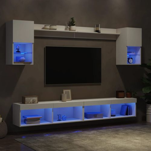 ТВ стенни модули с LED, 6 части, бели, инженерно дърво