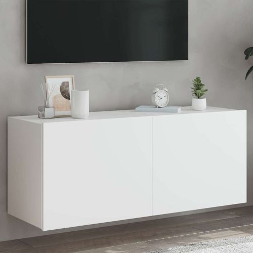 Стенен ТВ шкаф с LED осветление, бял, 100x35x41 см