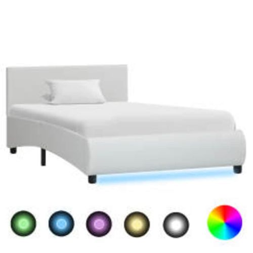 Рамка за легло с LED, бяла, изкуствена кожа, 90x200 cм
