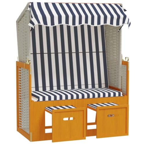 Strandkorb с навес, полиратан и масивно дърво, бяло и синьо