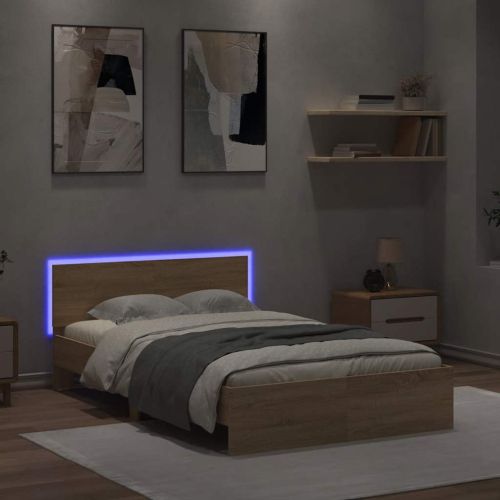 Рамка за легло с табла и LED, дъб сонома, 120x190 см