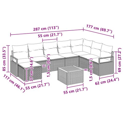 Градински Софа Комплект с възглавница 9 pcs Черно полиратан