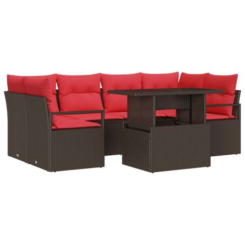 Градински Софа Комплект 7 pcs Кафяво и червено полиратан