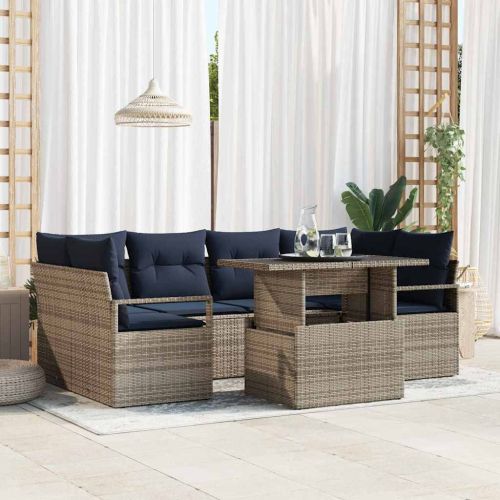 Градински Софа Комплект 7 pcs сиво и нейви синьо полиратан