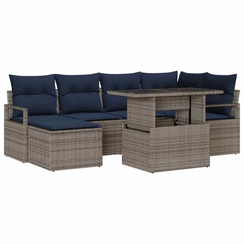 Градински Софа Комплект 7 pcs Сив и тъмен син Полиратан