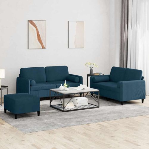 Комплект дивани 3 части с възглавници, син, кадифе