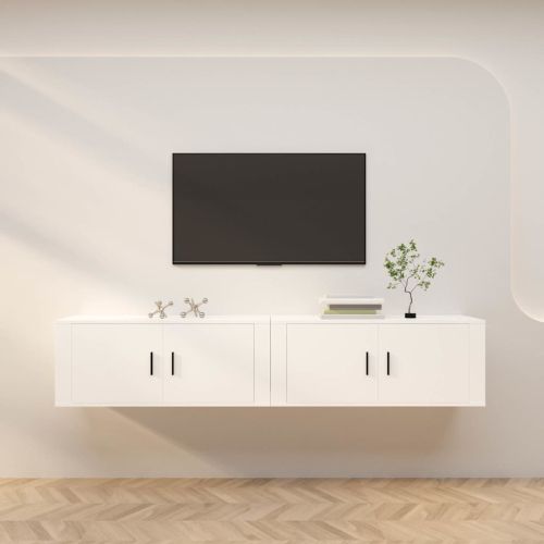 ТВ шкафове със стенен монтаж, 2 бр, бели, 100x34,5x40 см