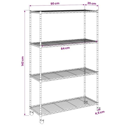4-етажен стелаж за съхранение с колела 90x35x142 см черен 200кг