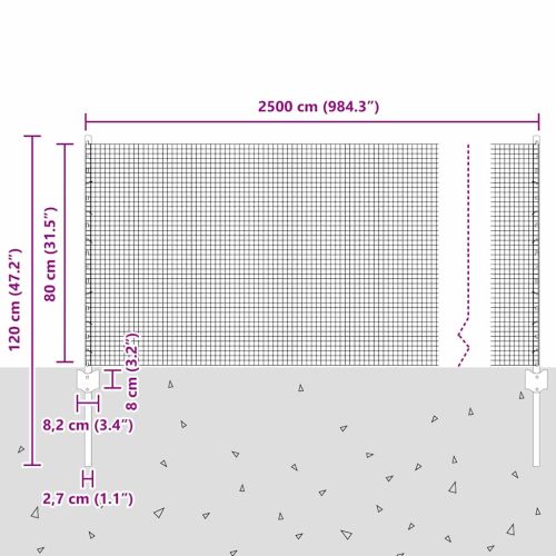 Заварена телена ограда с колове 50 x 0,8 m Сиво Мрежа
