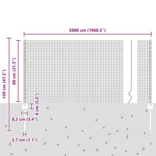 Заварена телена ограда с колове 50 x 0,8 m Сиво Мрежа