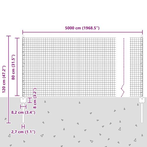 Заварена телена ограда с колове 50 x 0,8 m Сиво Мрежа