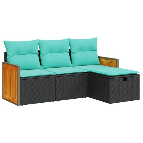 Градински диван от 4 части с възглавници, черен, полиратан