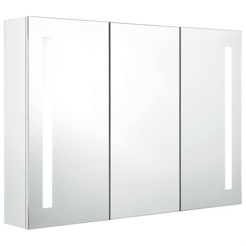 LED шкаф с огледало за баня, 89x14x62 см, блестящо бял