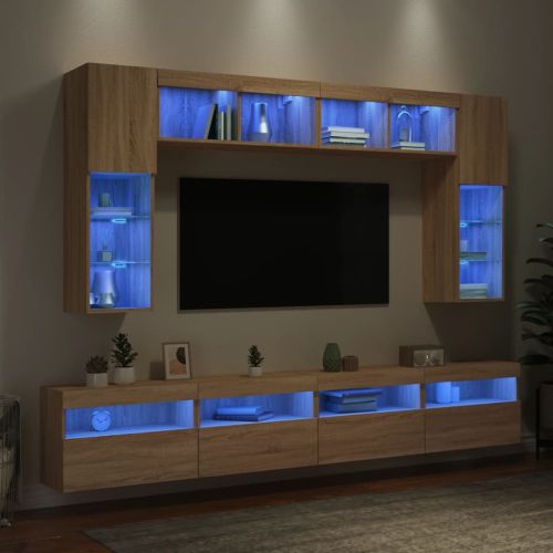 Комплект ТВ стенни шкафове, 8 части, с LED светлини, сонома дъб