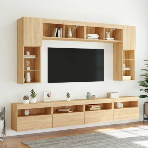 Комплект ТВ стенни шкафове, 8 части, с LED светлини, сонома дъб