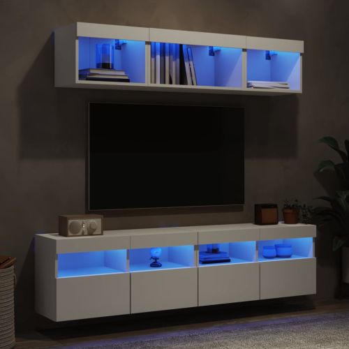 ТВ стенни модули с LED, 5 части, бели, инженерно дърво