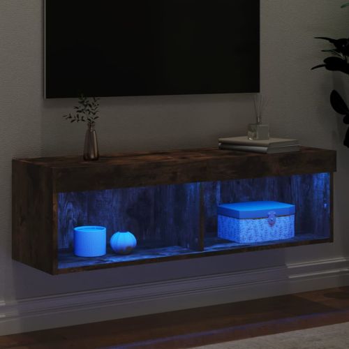 ТВ шкаф с LED осветление, опушен дъб, 100x30x30 см