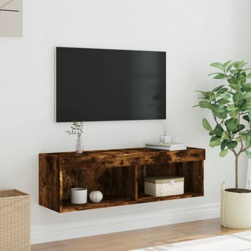 ТВ шкаф с LED осветление, опушен дъб, 100x30x30 см
