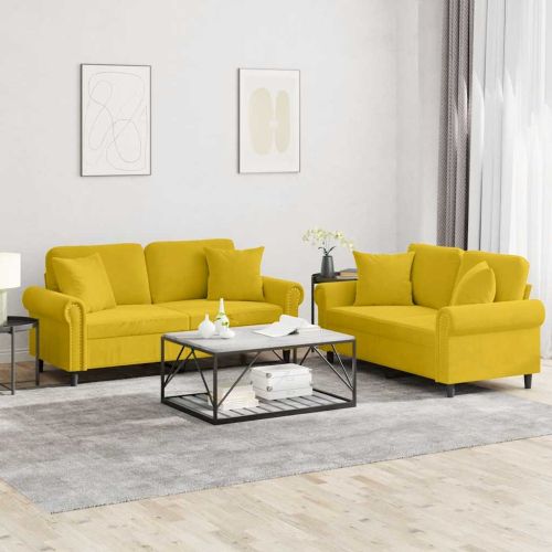 Комплект дивани от 2 части с възглавници, жълт, кадифе