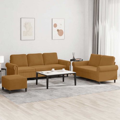 Комплект дивани от 3 части с възглавници, кафяв, кадифе