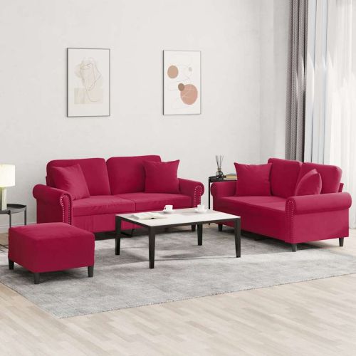 Комплект дивани 3 части с възглавници, виненочервен, кадифе