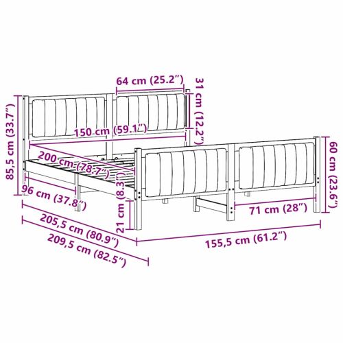Рамка на леглото Кафяво и таупе 150 x 200 cm Борово дърво масив