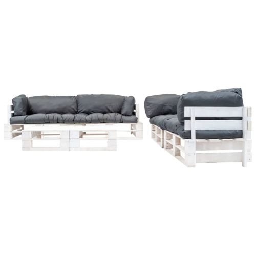 Градински мебели от палети, 6 части, сиви възглавници, дърво