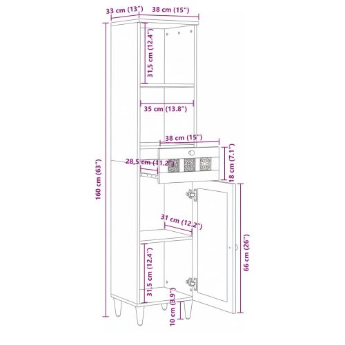 Шкаф за баня с чекмедже с рафт с врата Орех 38 x 33 x 160 см