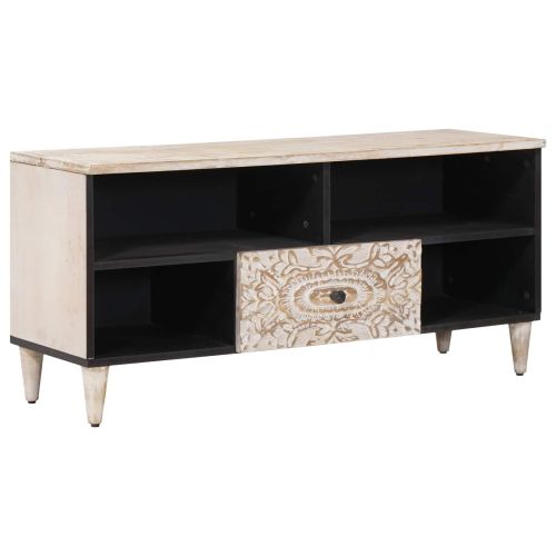 ТВ шкаф с рафт Бяло 100 x 33,5 x 46 см Солидно мангово дърво