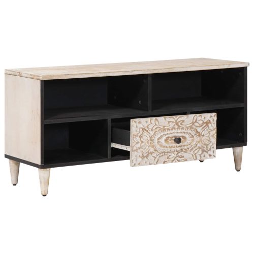 ТВ шкаф с рафт Бяло 100 x 33,5 x 46 см Солидно мангово дърво