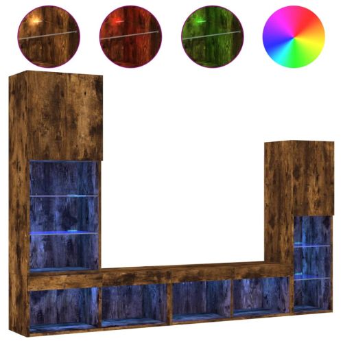 ТВ стенни модули с LED, 4 части, опушен дъб, инженерно дърво